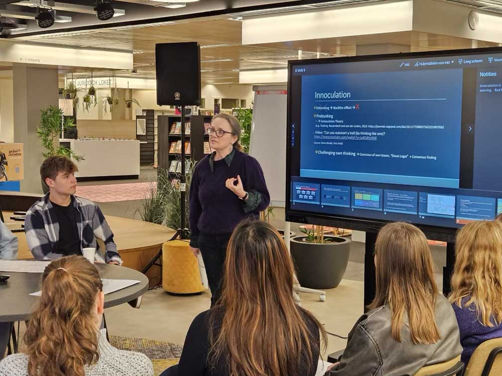 Professor Dr. Anya Luscombe of the University College Roosevelt, Netherlands leads a discussion with American and Dutch students on how to combat global misinformation and disinformation.
