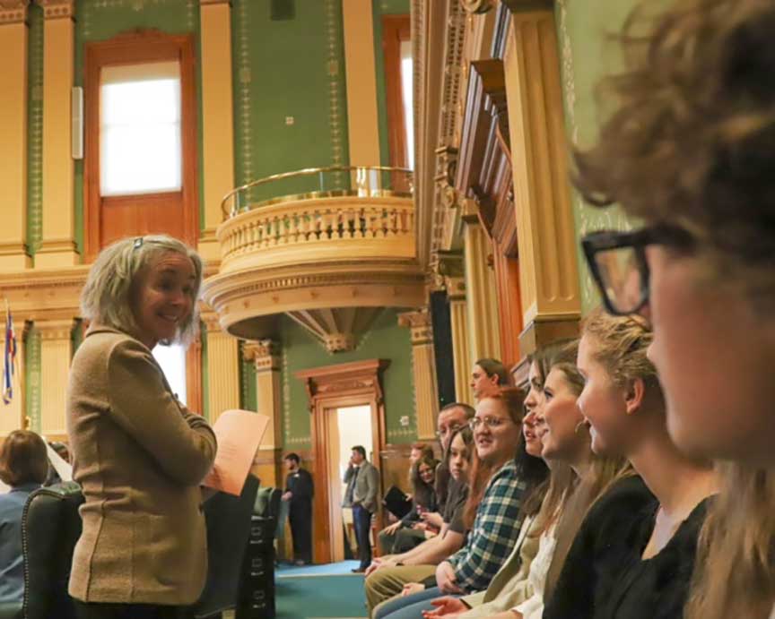 Library Exchange Students are welcomed by Representative Judy Amabile on the Colorado House Floor.