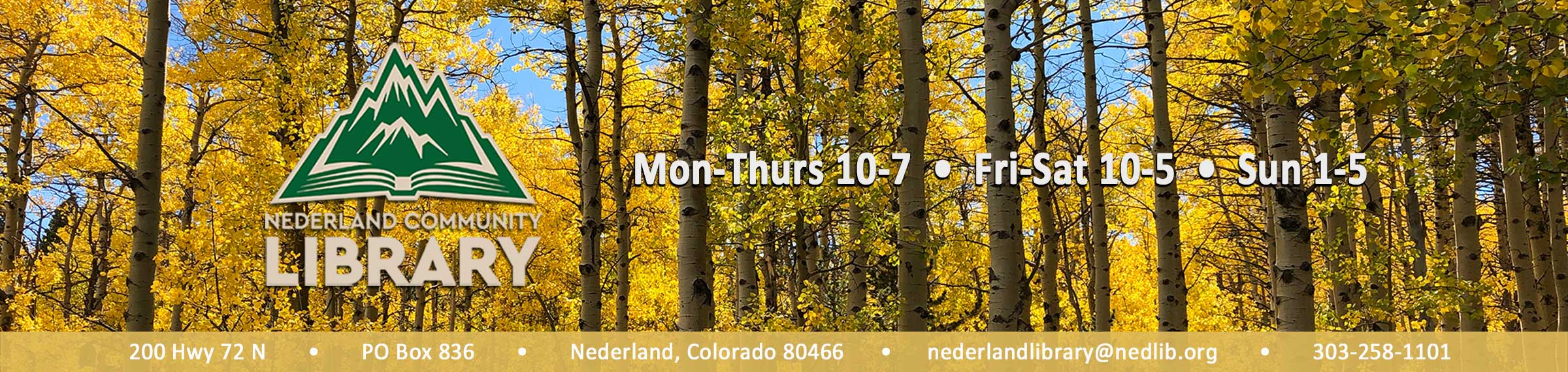 photo of golden aspen trees with Library logo and hours