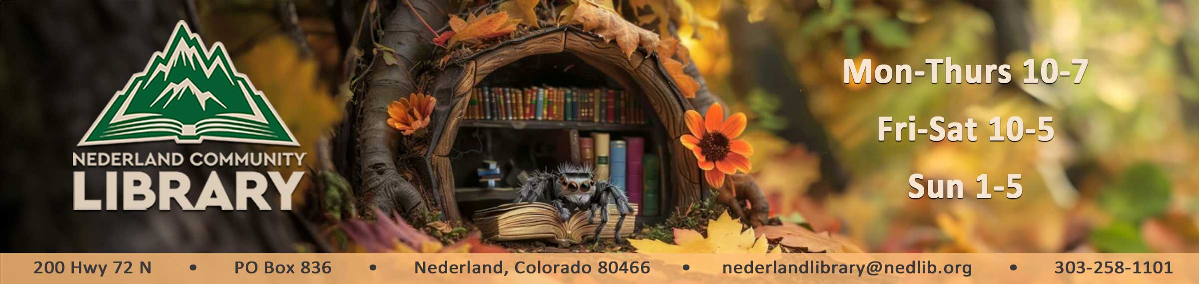 Image of tarantula in a book cave with the library logo and hours