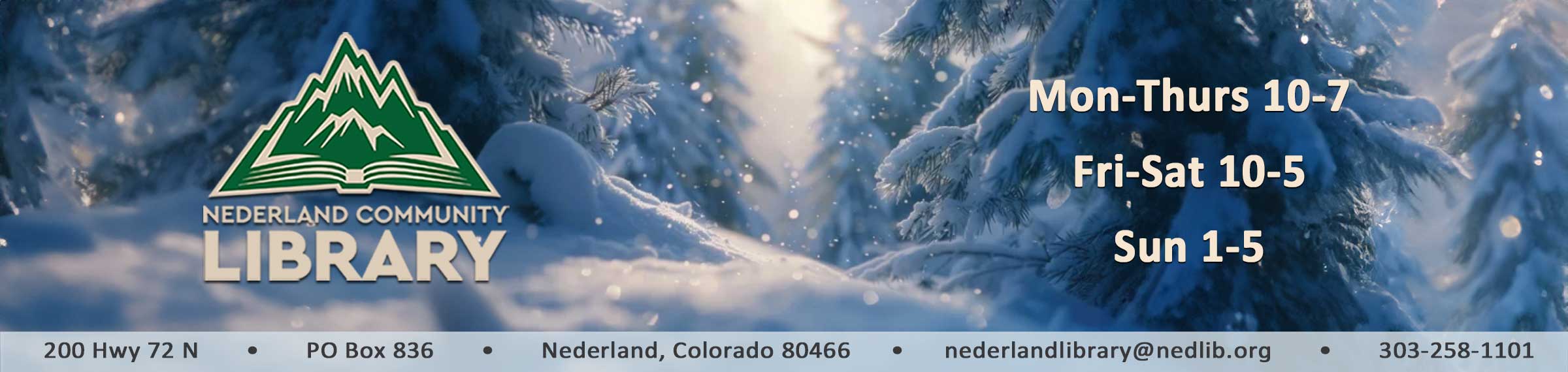 image showing snow falling on trees with library logo and hours