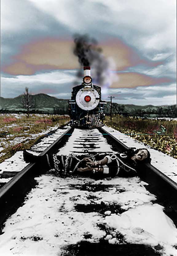 art by Brent Warren showing a locomotive with a man tied to the tracks