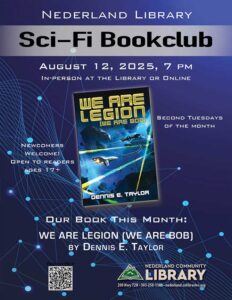 flyer for August Sci-Fi Bookclub meeting