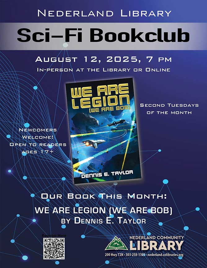 flyer for August Sci-Fi Bookclub meeting