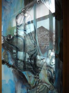 photo looking through stained glass window
