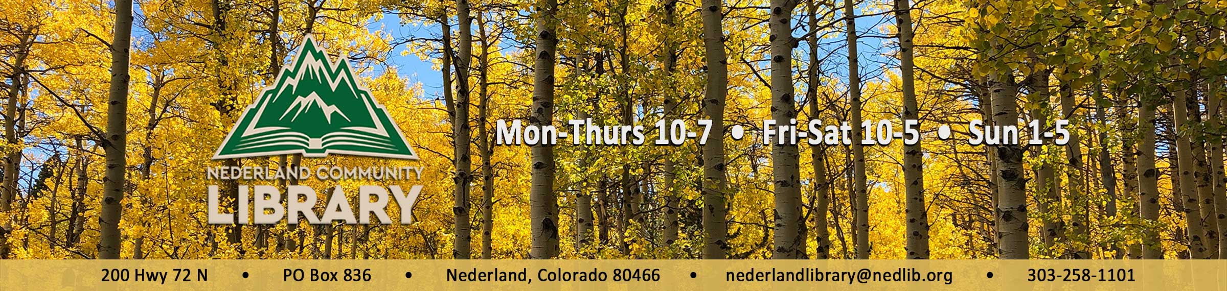 photo of golden aspen trees with Library logo and hours