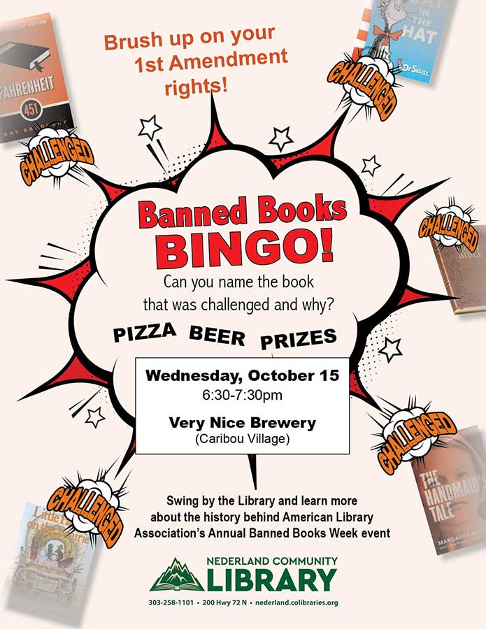flyer for Banned Books event at Busey Brews