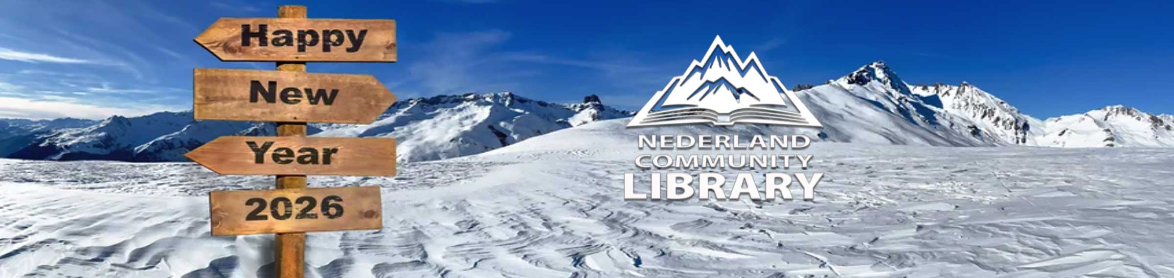 image of signpost saying Happy New Year and mountains