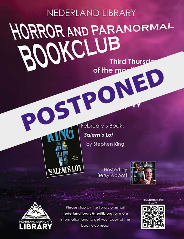 flyer for Horror BookClub with Postponed banner