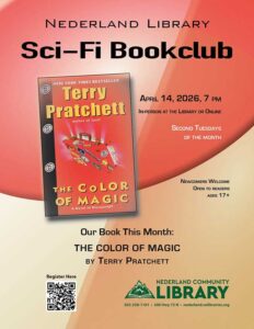 flyer for April Sci-Fi Bookclub meeting