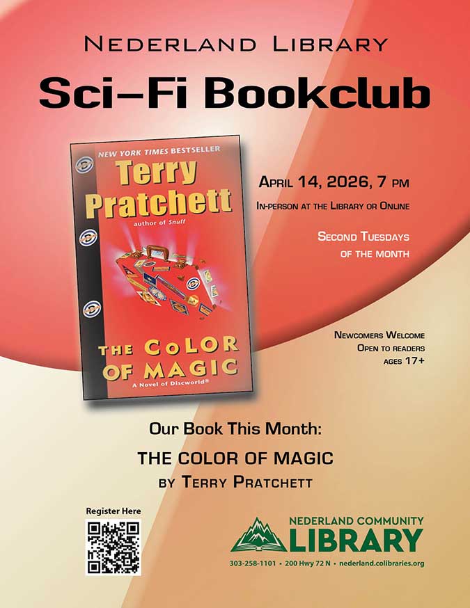 flyer for April Sci-Fi Bookclub meeting