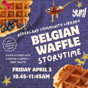 flyer for Belgian Waffle Storytime on April 3